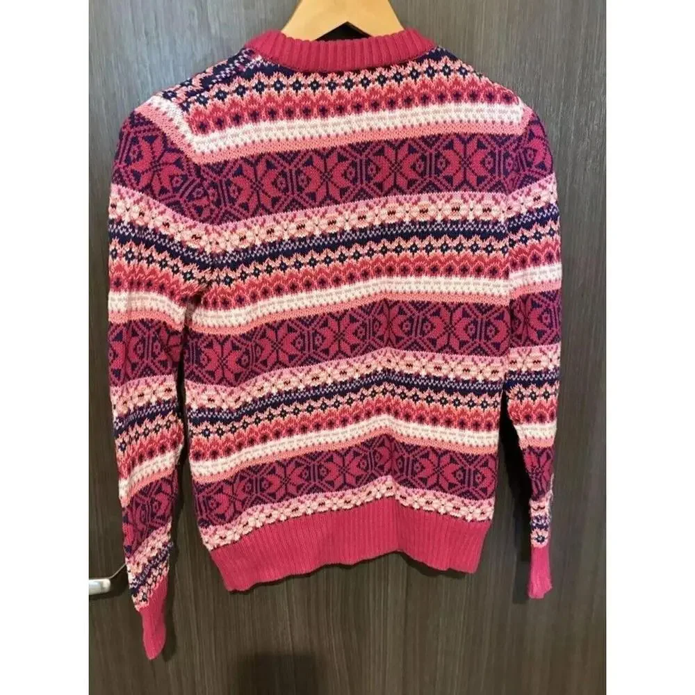 J.Crew Sweater Women's XS Pink Blue Cotton Ribbed Crew Neck Fair‎ Isle Pullover